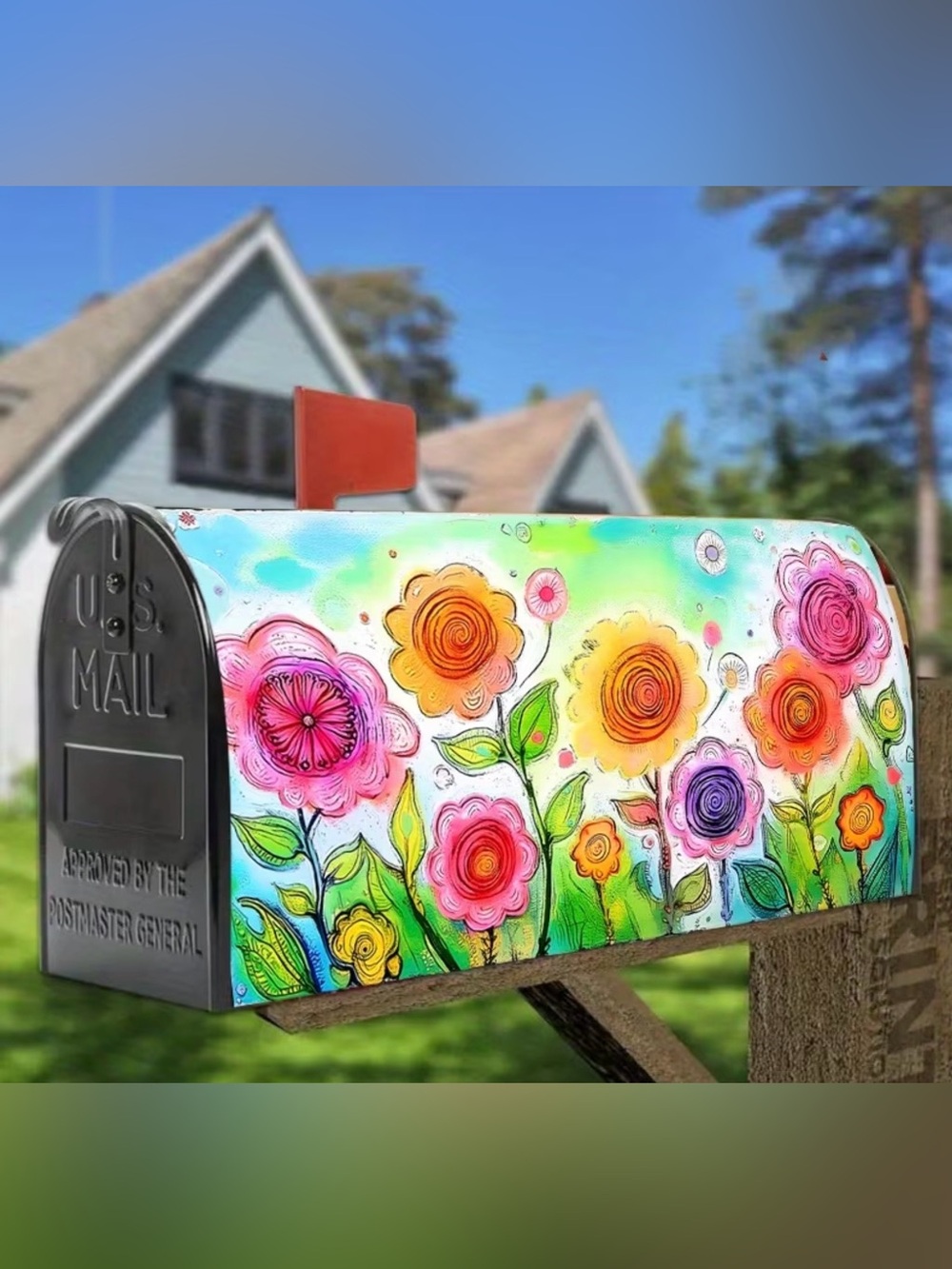 Hand-Painted Floral Mailbox Cover - Bright Orange, Pink & Yellow Flowers